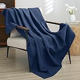 PHF 100% Cotton Waffle Weave Throw Blanket,Pre-Washed Snag Proof Lightweight Breathable Moisture-Wicking Layering in Cold Weather for Couch Bed,Machine Washable,Home Decor Gift-Navy Blue/Bright Blue
