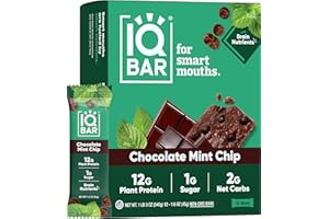 IQBAR Brain and Body Plant Protein Bars - Chocolate Mint Chip - 12-Count Low Carb - Gluten Free, High Fiber, Vegan Snacks - L
