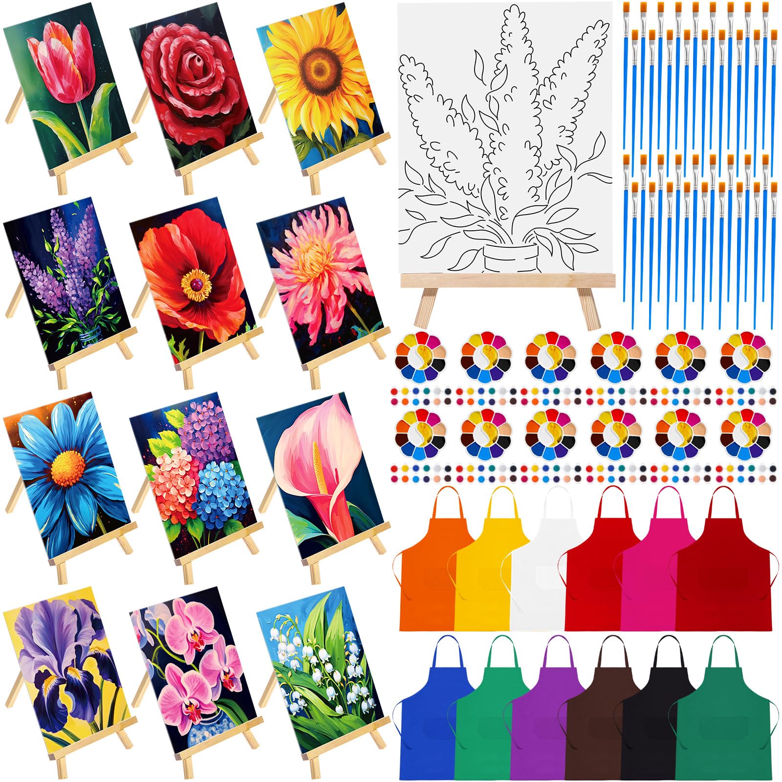 Photo 1 of Motipuns 96 Pcs Flower Pre Drawn Canvas Kit Sip and Paint Set for Adult Pre Printed Cute Canvas Sip and Paint Party Favor DIY Virtual Party Gifts Date Night for Painting
