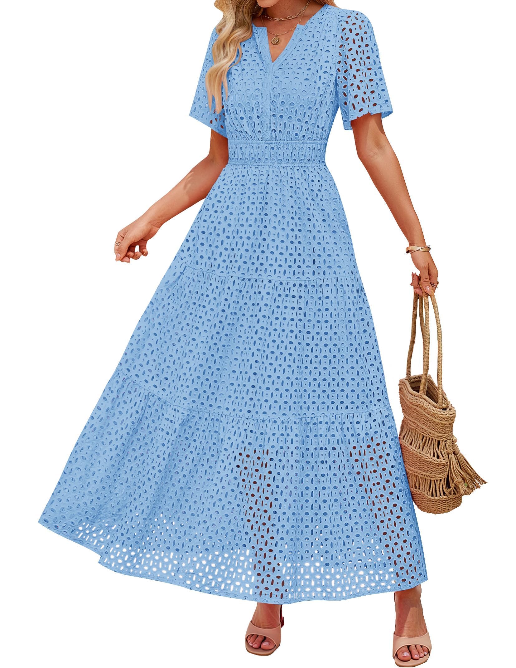 Photo 1 of ZESICA Women's 2025 Summer Short Sleeve Maxi Dress Casual V Neck Hollow Out Eyelet Ruffle Swing A Line Long Dresses,Sky,Medium