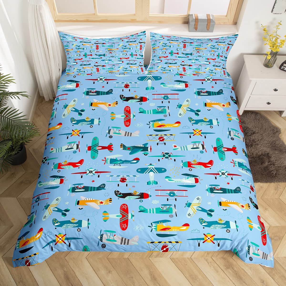 Homewish Boys Airplane Duvet Cover Single Size Fighter Plane Bedding Set Aviation Aircraft Comforter Cover Transport Airliner Aeroplane Quilt Cover Helicopter Blue Sky Air Scenery For Kids Room Decor — image 1