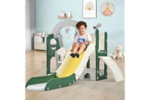 Virubi 6 in 1 Toddler Slide with Swing Playset, Climbing Toys Indoor Outdoor for Toddlers 1-3, Kid Slide with Swing with Climber Basketball Hoop & Telescope, Freestanding Baby Playground