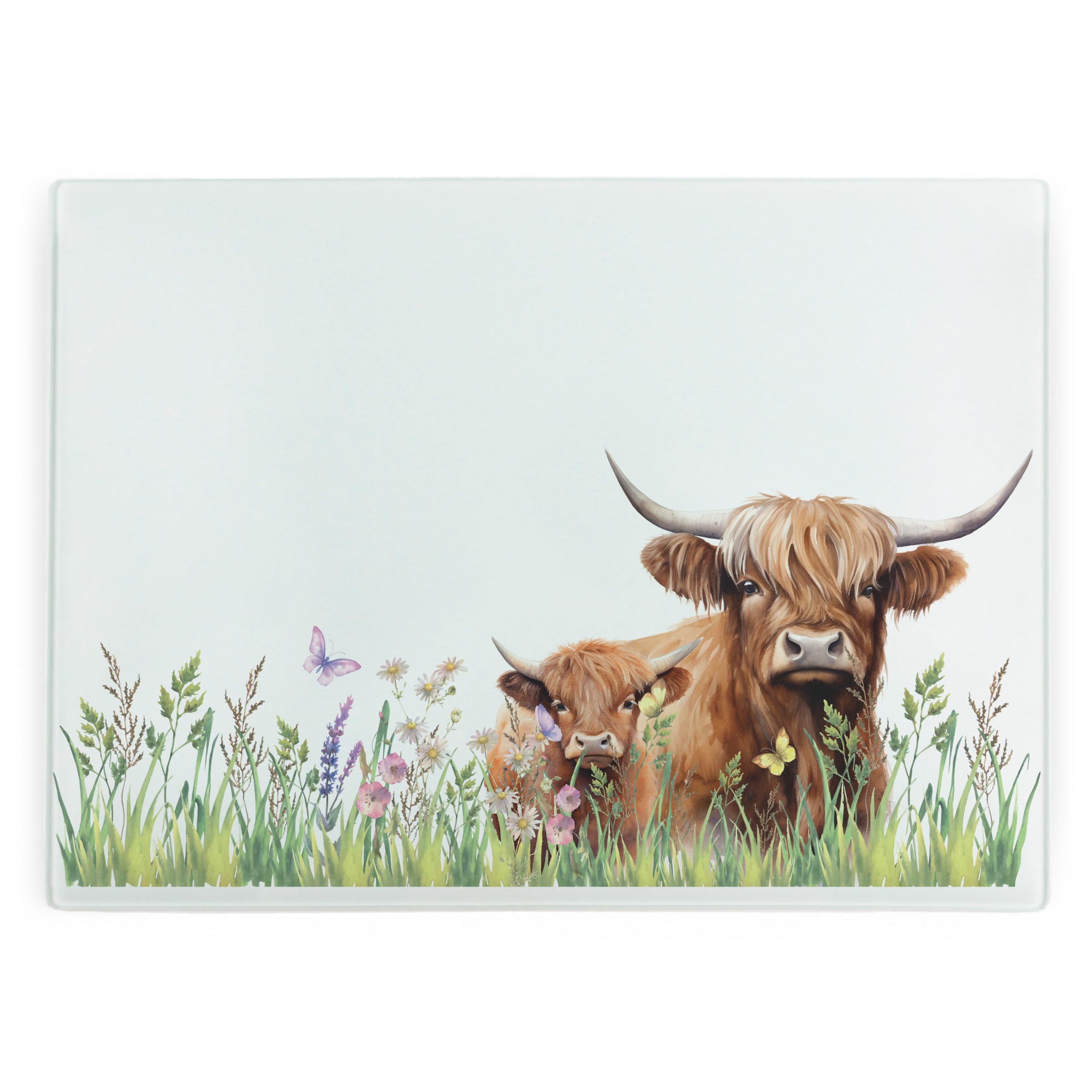 Highland Cow Glass Chopping Board - Rectangular Large Mum & Calf Glass Worktop Protector - Smooth Board Kitchen Cutting Board Worktop Saver with Non-Slip Feet 39cm x 28.5cm (15" x 11")
