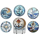 Onebttl Nautical Gifts for Women Men, Boat Gifts, Ceramic Coaster, Set of 6, with Gift Box, Absorbent with Cork Base, Home Decor for Thanksgiving, Birthday and Christmas