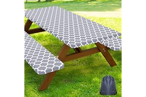 Smiry Picnic Table Cover with Bench Covers, Waterproof Elastic Fitted Tablecloth for 6 Foot Tables, Washable Polyester Tablecloths for Camping, Indoor & Outdoor (Grey, 30x72 Inch 3-pc Set)