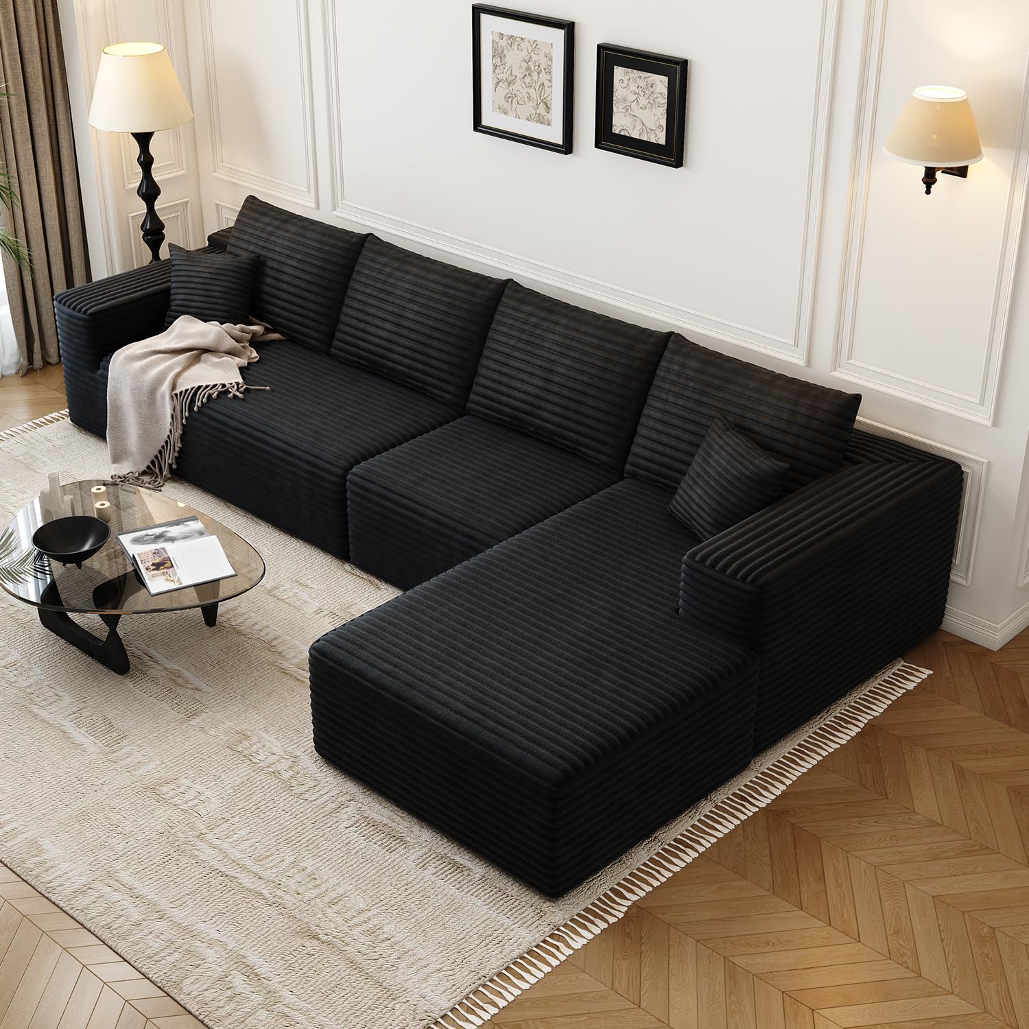 135.4" Cloud Modular Sectional Sofa Couch with L-Shape Chaise,Modern Minimalist Upholstered Couches for Living Room Bedroom,Deep Seat Corner Couch，No Assembly Required (Black,Right Facing Chaise) Image