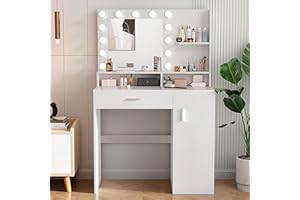 Decofy White Vanity Desk with Mirror and Lights Makeup Vanity with Drawers & Cabinet, 3 Lighting Modes & 10 Brightness Levels,Vanity for Bedroom & Dressing Room (White)