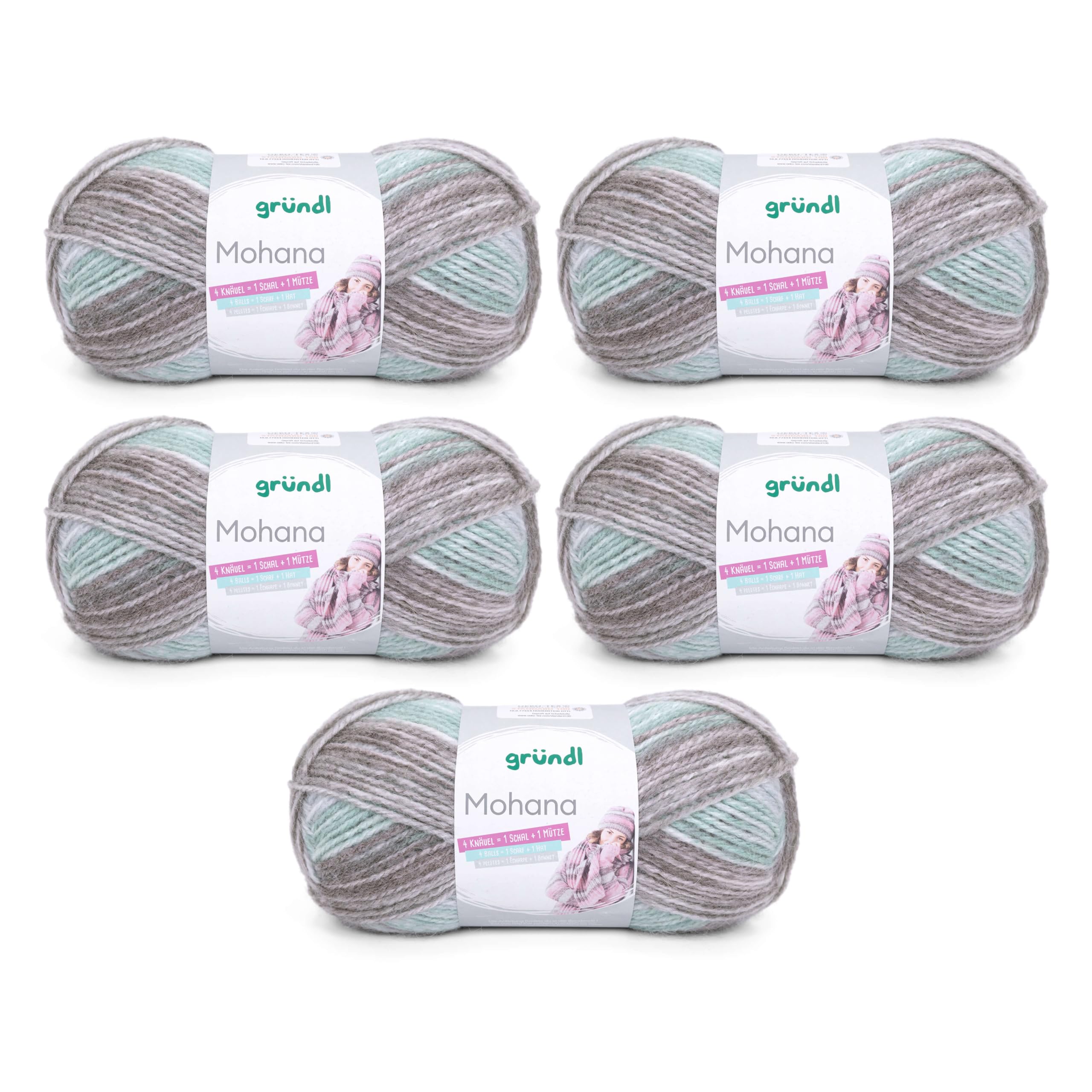Gründl Mohanna Knitting and Crochet Yarn 90% Polyacrylic, 10% Mohair, 5 x 100 g, Thick Wool, Light Grey/Mint/Natural/White