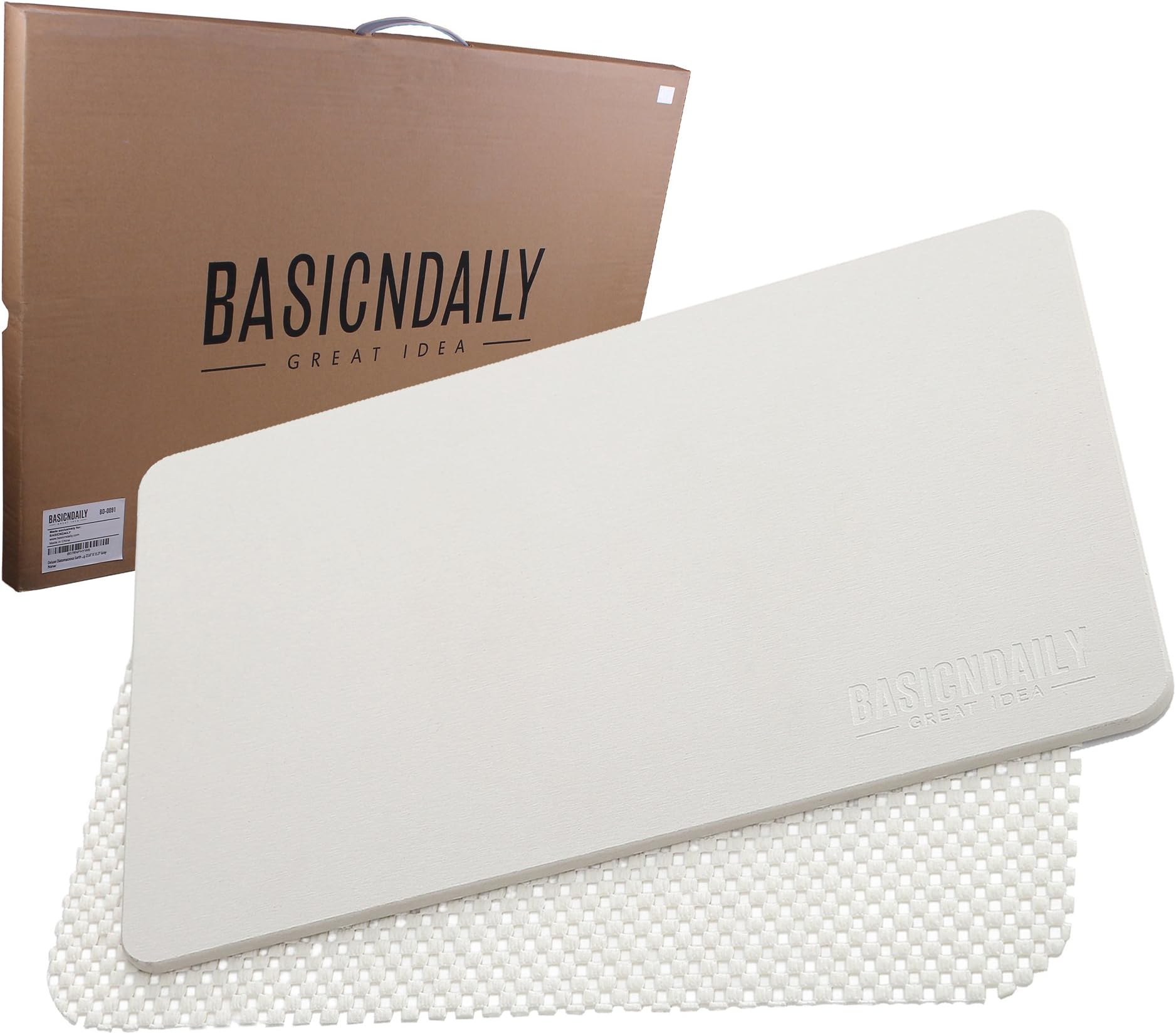 BASICNDAILY Deluxe Diatomaceous Earth Hard Bath Mat By â Sturdy, Absorbent Bathroom Floor Board, Diatomite, Anti-Bacterial, Quick-Dry, with Fabric Non-Slip Netting 23.6" X 15.3" Gray White