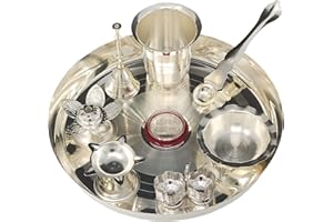 NOBILITY Silver Plated Pooja Thali Set 8 Inch with Plate Ghanti Glass Bowl Agarbatti Stand Palli Diya Kumkum Stand Coin Puja Thali for Diwali Home Mandir Office Wedding Return Gift Items