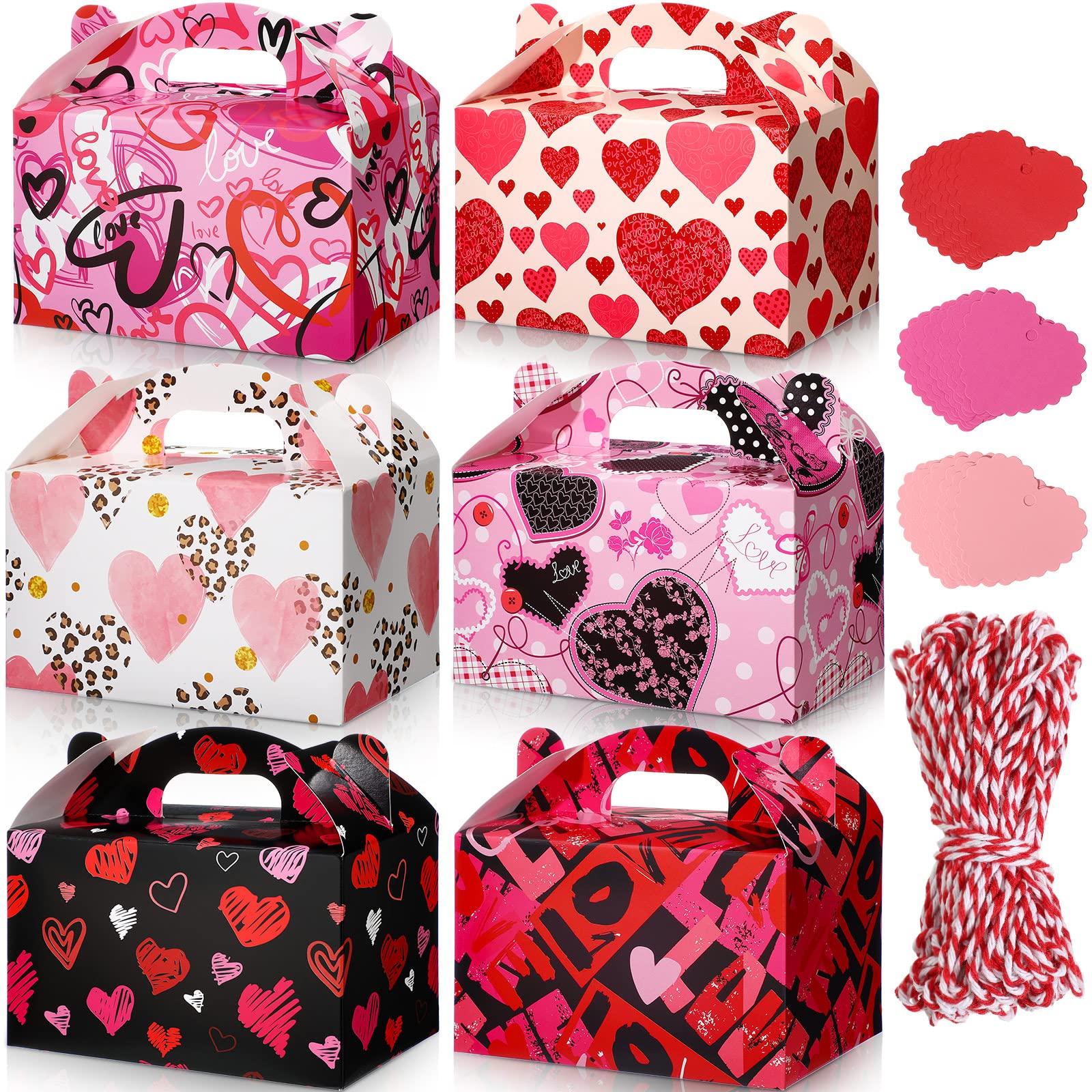 Photo 1 of 24 Pack Valentine's Day Treat Boxes Heart Prints Cardboard Box for Goody Cookie Holder Heart Tags and Twine, 6 x 3.5 x 3.5 Inches Sweet Party Favor Boxes for Mother's Day Women Classroom Supplies