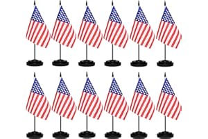 TIBIJOY USA Flags American Desk Flag Set Small Mini US Table Office Flag with 13" Black Pole, Black Base and Spear Top,Miniature American Deluxe Desktop Flag, Home Decoration, Office Decoration, Festival Celebrations(12 Pack )