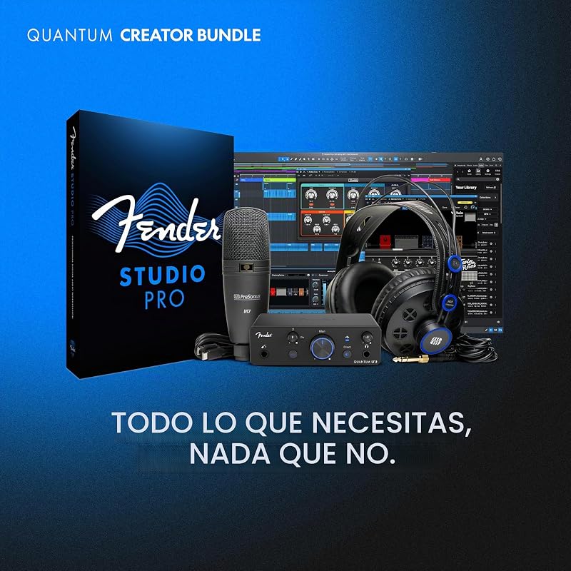 Quantum Creator Bundle | Kit de grabación casera con interfaz USB-C Quantum LT 2, micrófono condensador M7, auriculares HD7, cable XLR, soporte para micrófono y Fender Studio Pro.