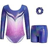 Gogokids Gymnastics Leotards for Girls Sparkly Rhinestone 3/4 Sleeve 3 PCS Ballet Outfit Sets Dancewear for 3-12 Years