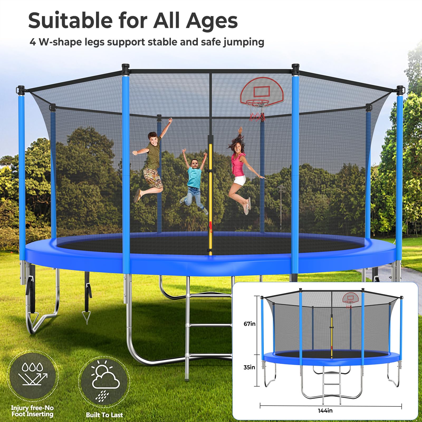 Lyromix Upgraded 16FT 15FT 14FT 12FT 10FT 8FT Trampoline Outdoor with Basketball Hoop and Net, Capacity for 4-6 Kids and Adults