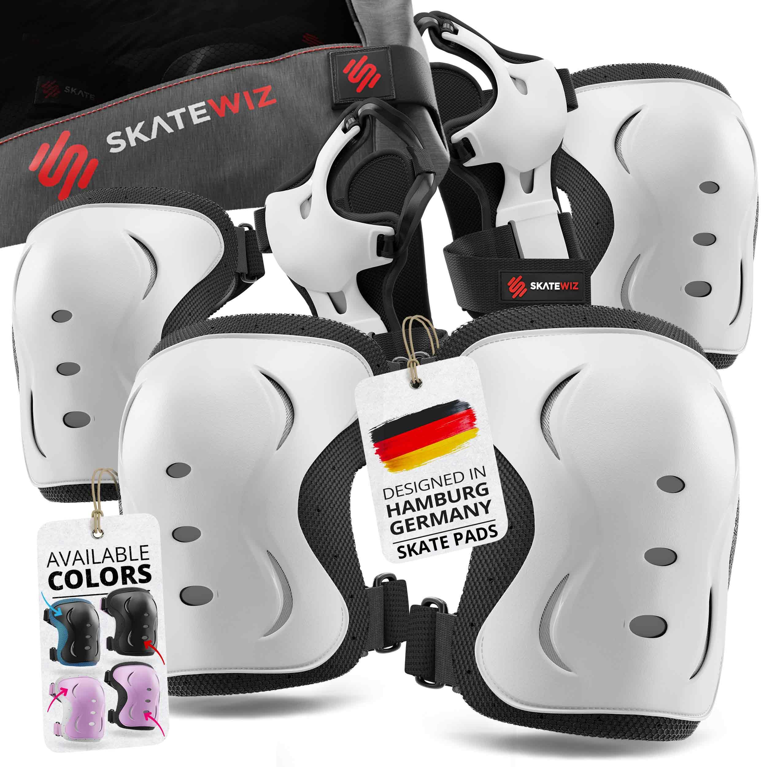SKATEWIZ Scooter Knee Pads and Elbow Pads for Adult - Wrist Guards Skating Adult - Roller Skating Inline Skates Skateboard Accessories - IMPACT - Size L White - Skating Protective Gear