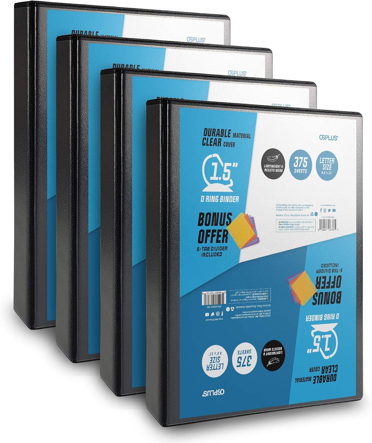 OS Plus Durable D-Ring Binder, 1.5 Inch - Black, 4 Pack. Bonus 1 Set Divider Included : Office Products