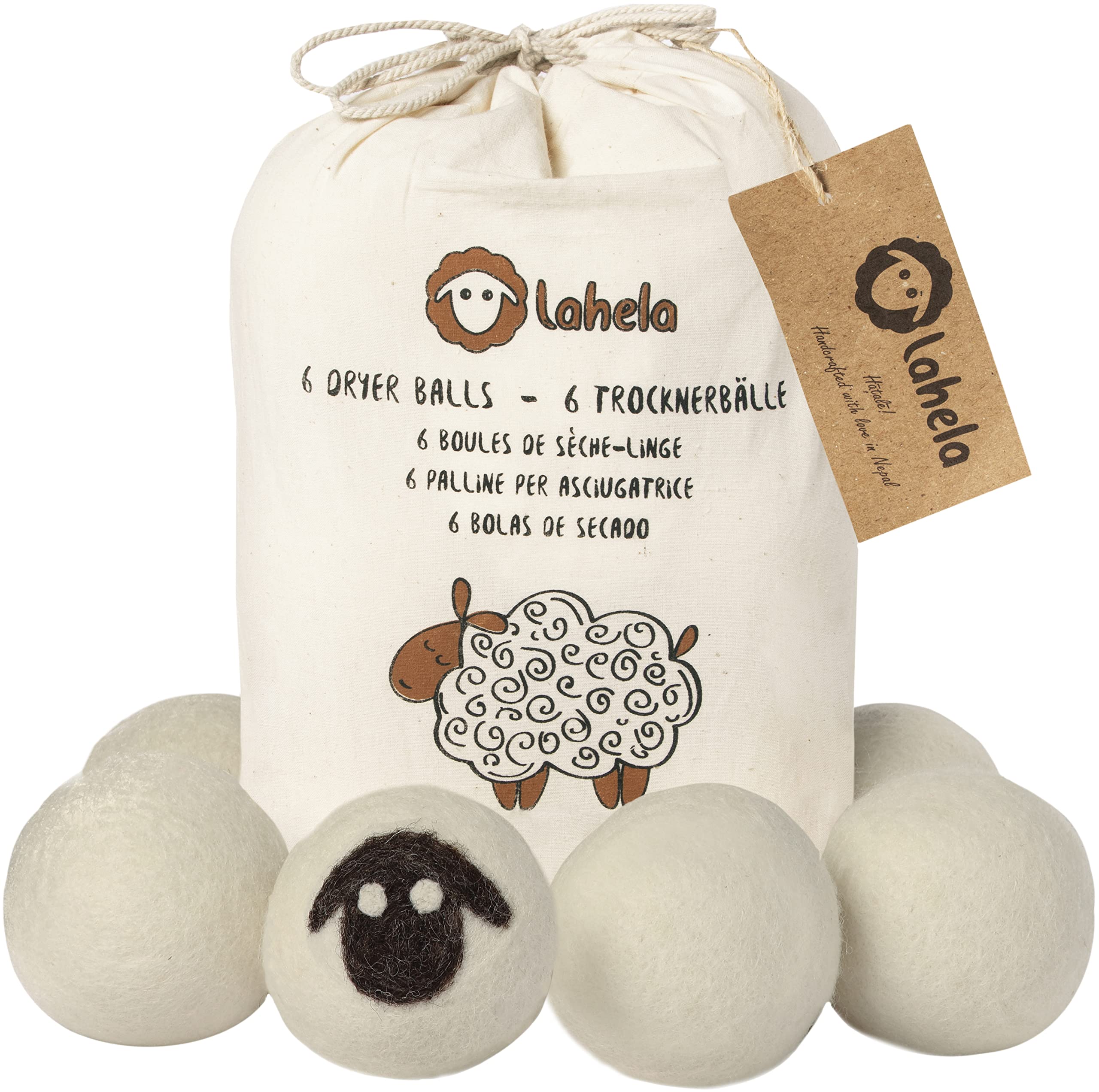 LAHELA 6 Tumble Dryer Balls XXL. Soften Laundry. Reduce Energy, Drying Time, Noise, and Wrinkles. 100% Sheep's Wool from New Zealand. No Chemicals or Plastic. Hand Made in Nepal. White. Unscented