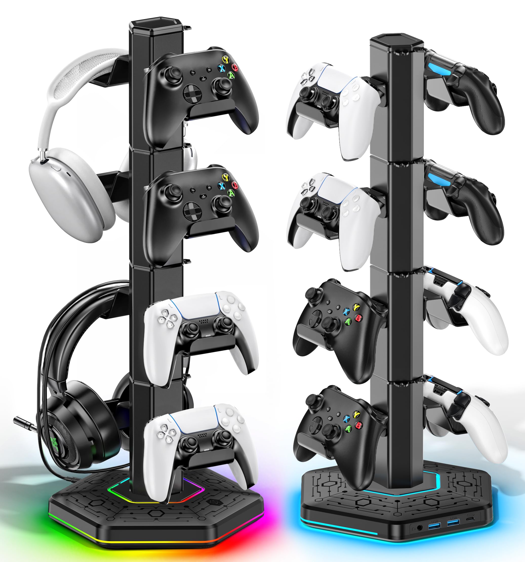 Kytok Headset And Controller RGB Stand for Xbox/ PS5/ PS4 Controller, Headphone & Remote Holder for Desk with 9 RGB Lights & 2 USB 3.0 Ports, Gaming Organizers & Storage Accessories for Gaming Gift
