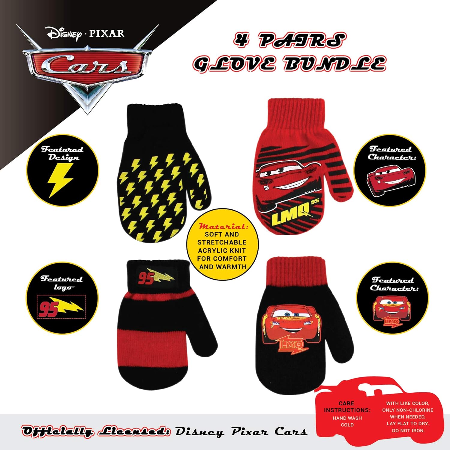 Disney Boys 4 Pack Mitten or Glove Set: Mickey Mouse, Cars Lighting McQueen (Age 2-7): Clothing