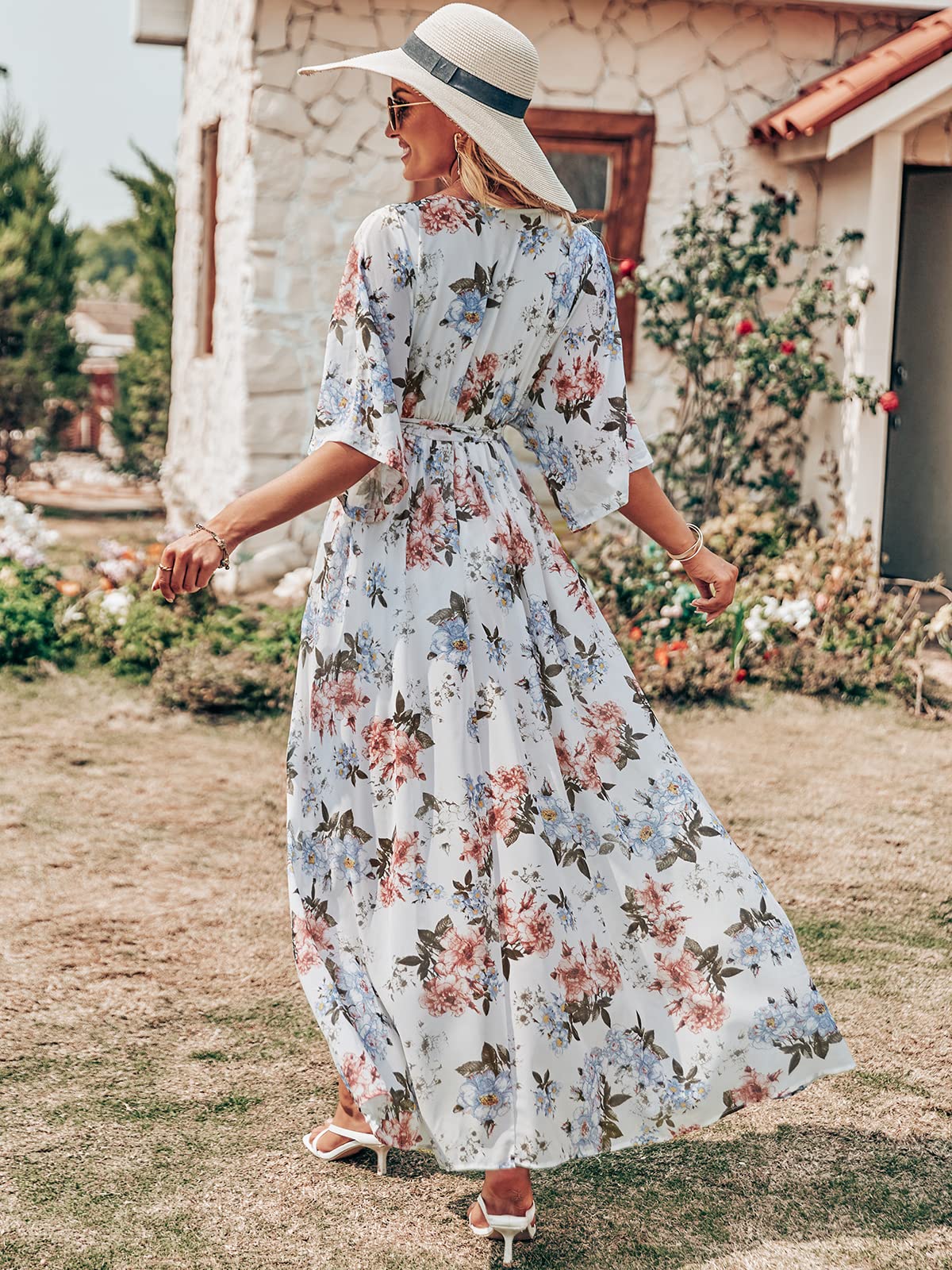 ANRABESS Women’s Summer Loose Boho Flowy Wrap V Neck 3/4 Sleeve Floral Print Slit Beach Wedding Guest Long Maxi Dresses White Flor XX-Large - Image 5