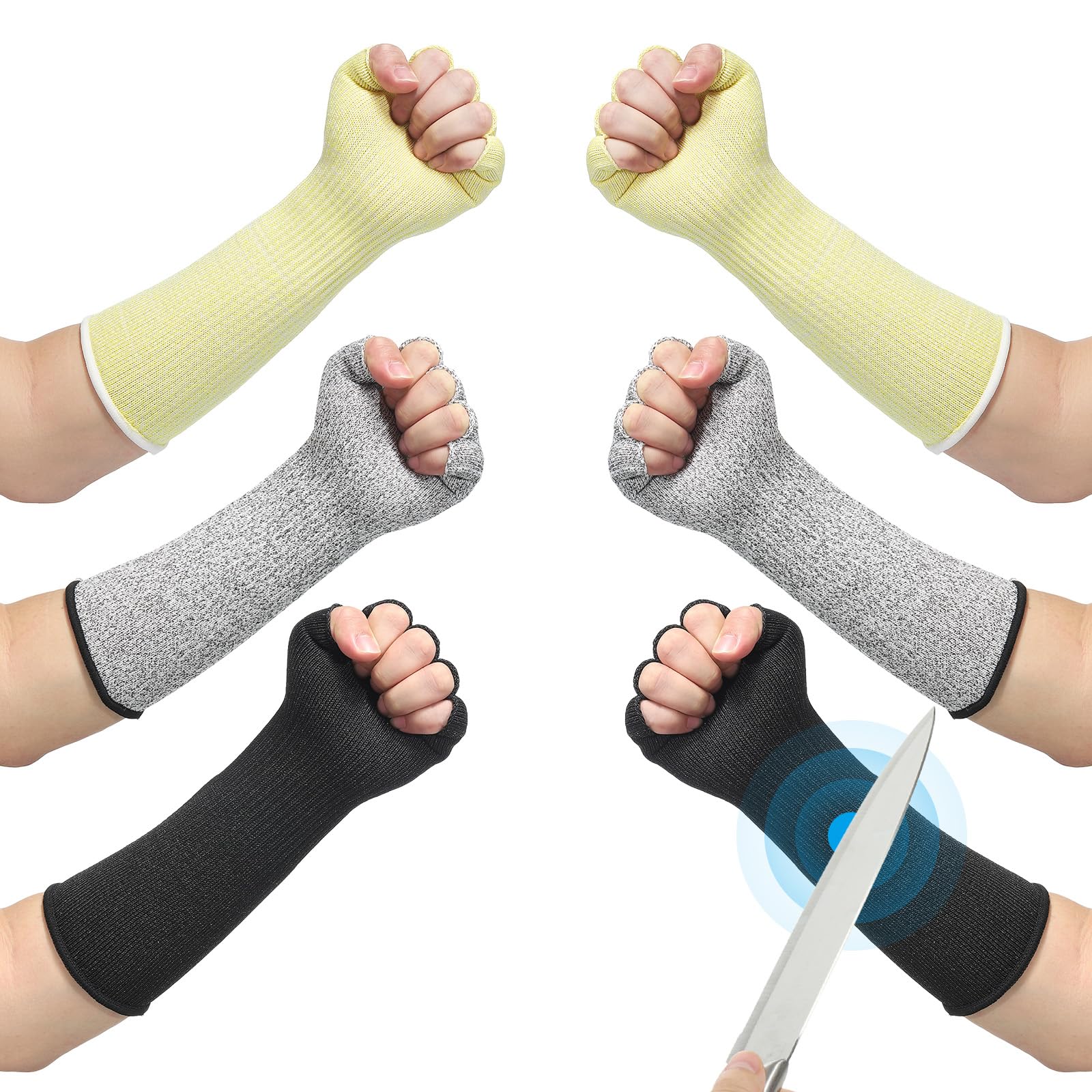 PATIKIL 12 Inch Cut Resistant Sleeves with Finger Grips, 3 Pair Forearm Protective Sleeves Level 5 Protection Arm Safety Protectors Sleeves for Thin Skin and Bruising, Black/Gray/Yellow