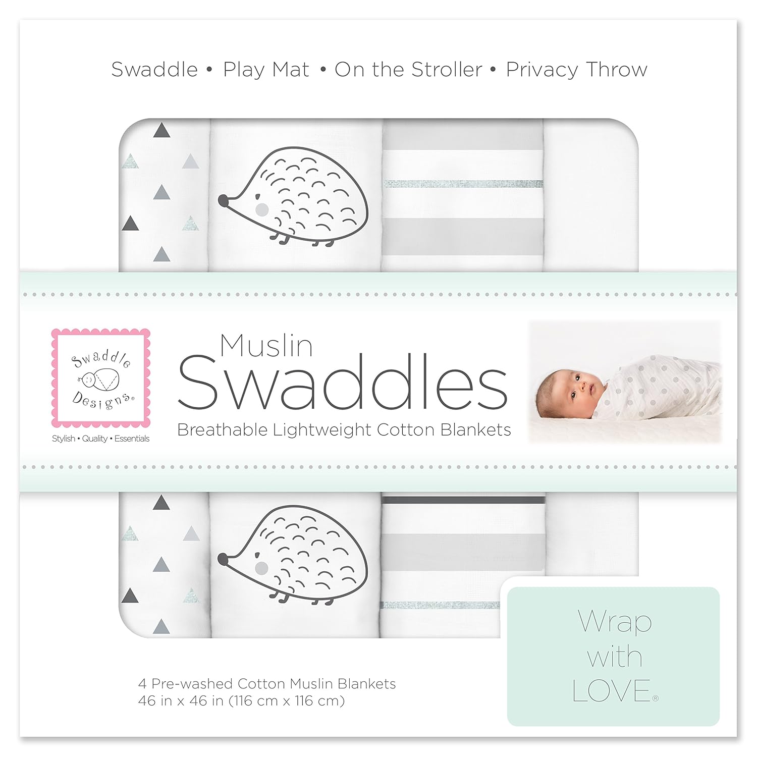 SwaddleDesigns Cotton Muslin Swaddle Blankets, Set of 4