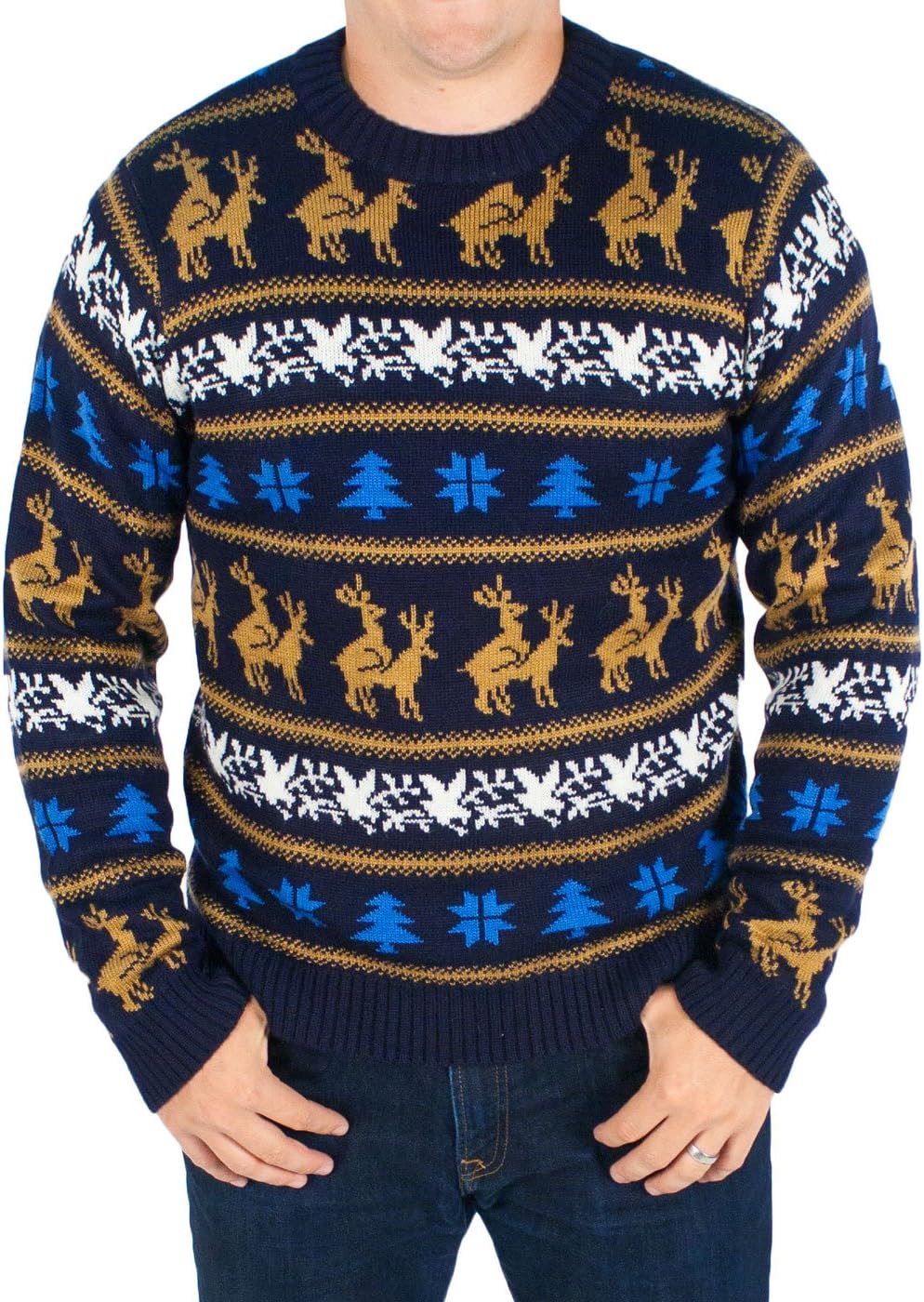 Festified Men's Retro Humping Reindeer Sweater (Blue) - Ugly Christmas Sweater
