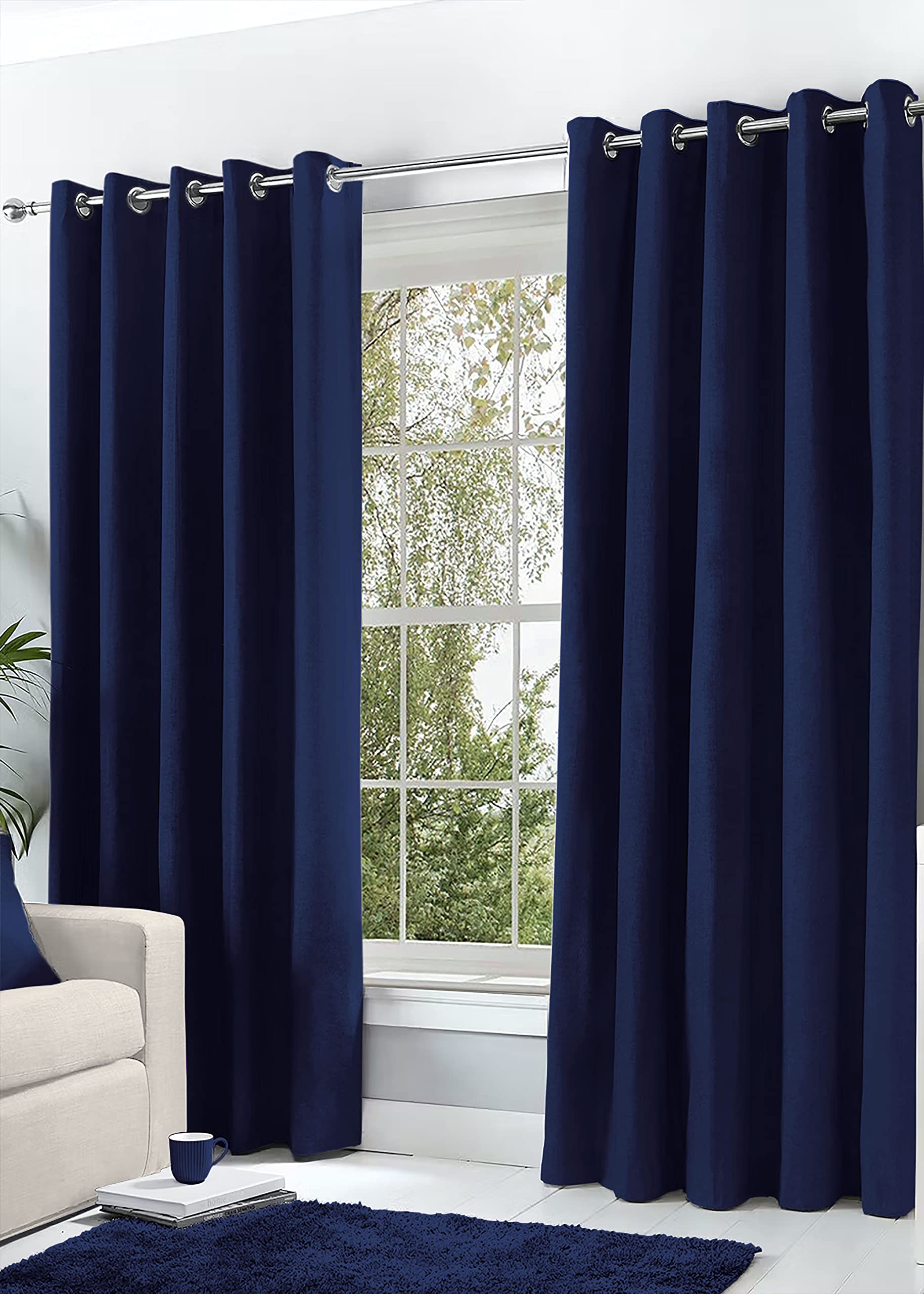 Hachette Thermal Blackout Curtains Eyelet Ring Top Including Pair of Tiebacks (Navy Blue, 66" X 54")