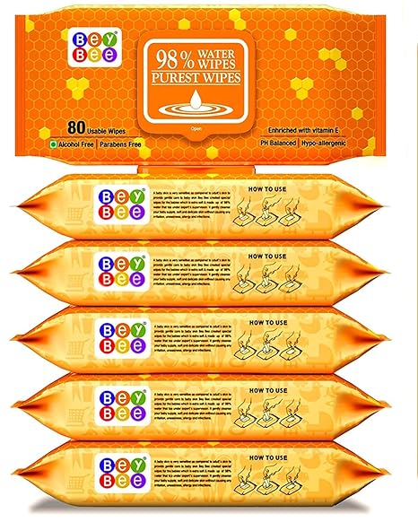 Beybee Baby Water Wipes (Pack of 10, 80 Sheets, White)