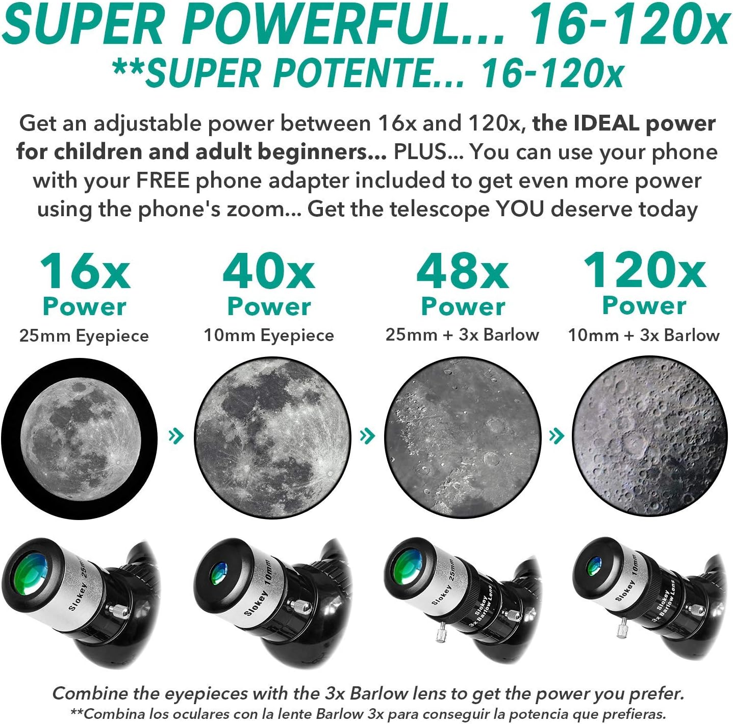 Slokey 16x-120x Astronomical Telescope For Adults & Beginners - Portable Star Gazing With Mobile Adapter & Tripod