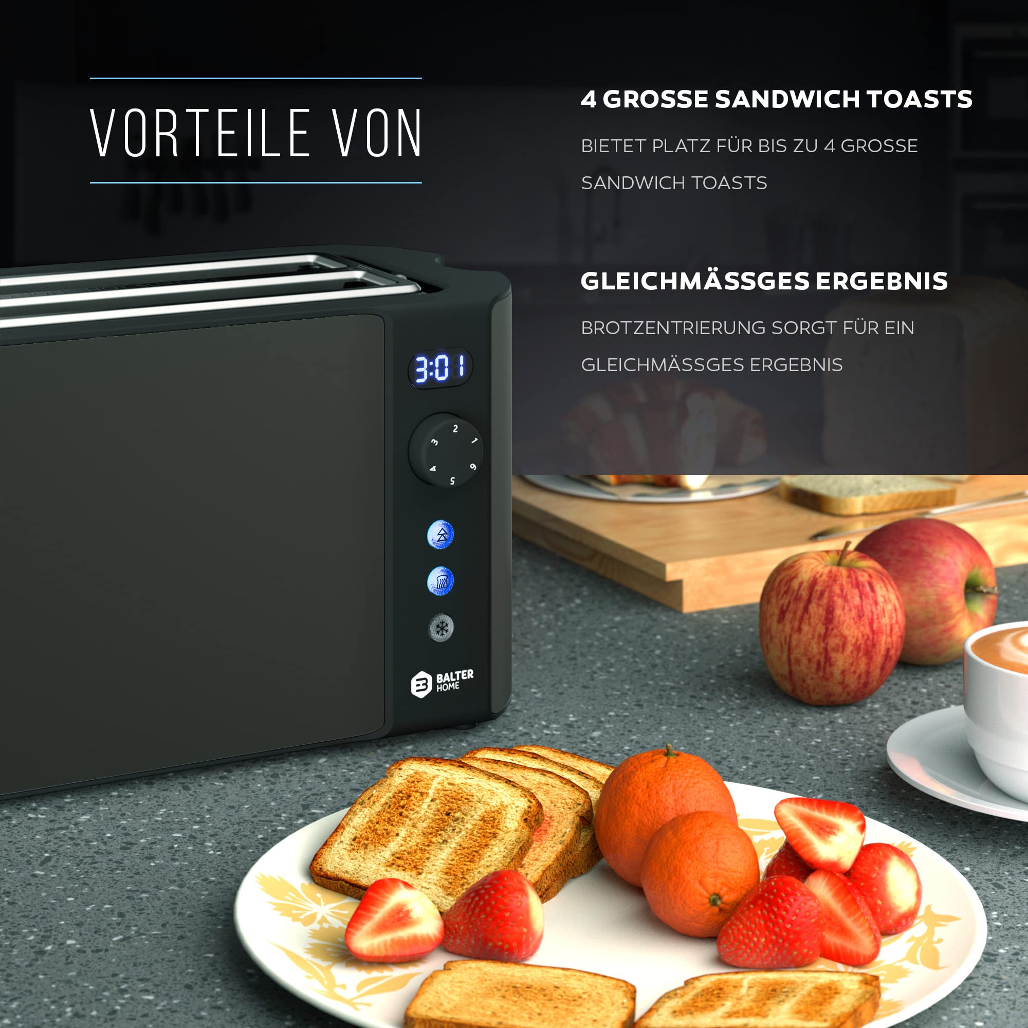 Balter Toaster 4 Scheiben, Langschlitz, Edelstahl, Brötchenaufsatz, LCD Display mit Restzeitanzeige, Auftaufunktion, Brotzentrierung, Krümelschublade, TS-04-LCD, Farbe: Schwarz 6