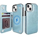 TopPerfekt Wallet Case for iPhone 12 and 12 Pro 6.1", Compatible with MagSafe, Wireless Charging, Leather Card Holder Kickstand Protective Cover Magnetic Phone Flip Case-Sky Blue