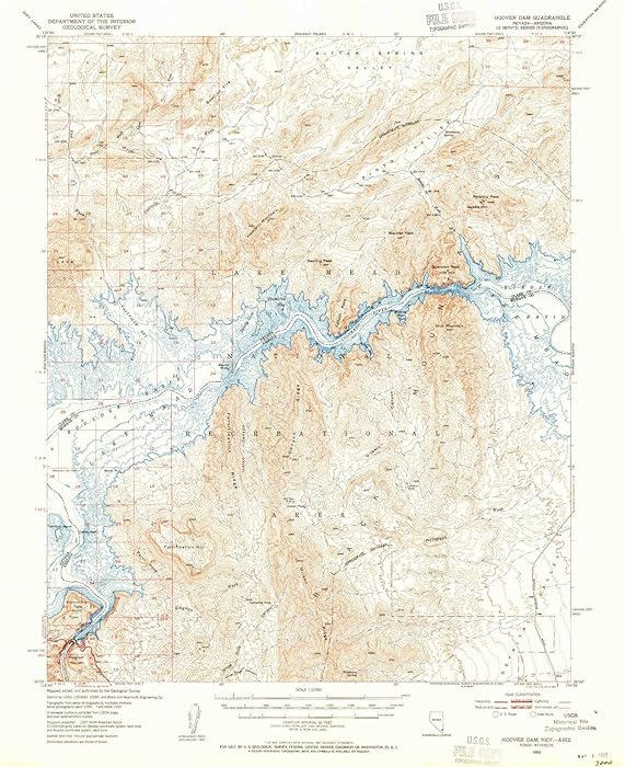 YellowMaps Hoover Dam AZ topo map, 1:62500 Scale, 15 X 15 Minute, Historical, 1953, Updated 1955, 20.8 x 16.9 in