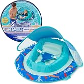 SwimWays Infant Spring Float with Canopy for Kids 3-9 Months | Patented Inner Spring Enhances Balance; Fast Inflation and Carry Bag Included for Easy Travel; Protective Removable Canopy