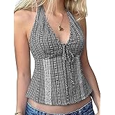 EMMIOL Y2K Halter Tops for Women Sexy V Neck Backless Crop Tank Top Sleeveless Flowy Tie Up Coquette Clothes