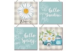 Yuntau 4 Pcs Hello Spring Wall Decor Hello Sunshine Door Decorations Spring Blue Daisy Wood Sign for Party Supplies Home Window Wall Farmhouse Office Indoor Outdoor Decor