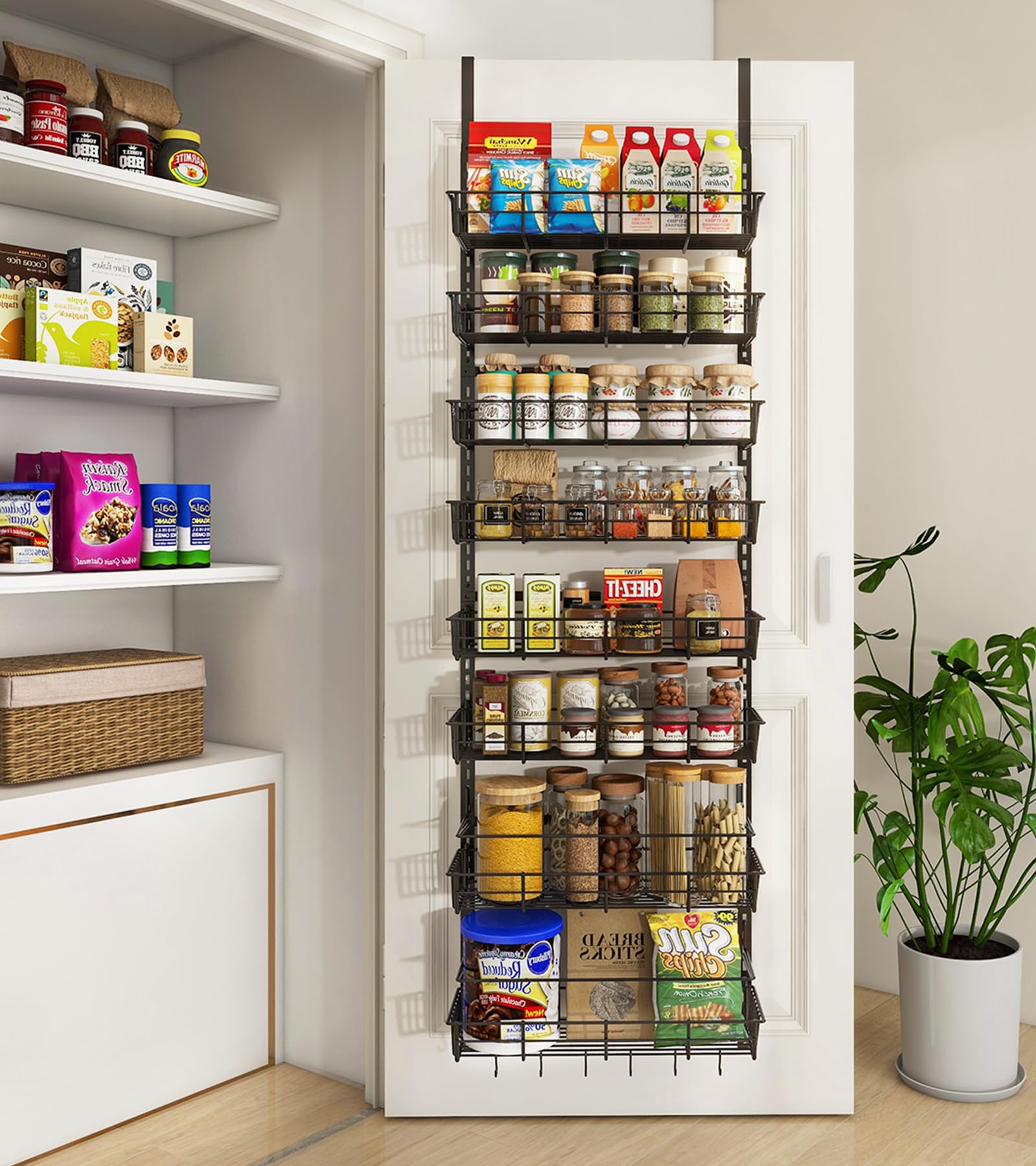 Photo 1 of Mefirt Over The Door Pantry Organizer, Wall Mount Spice Rack, Pantry Hanging Storage and Organization, 8 Adjustable Baskets Heavy-Duty Metal for Home & Kitchen, Back of Door Seasoning Rack - Black