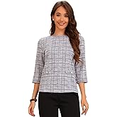 Allegra K Women's Elegant Tweed Plaid Top 3/4 Sleeve Button Decor Vintage Blouse