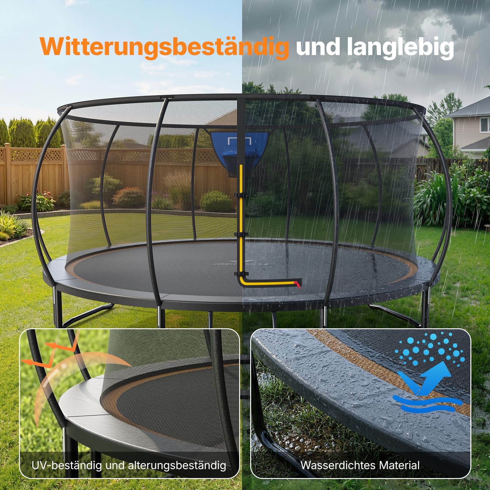 MERACH Trampolin Outdoor 305cm/366cm/427cm/488cm, Trampolin Sicherheitsnetz und Basketball, MaxLoad 150KG Bodentrampolin Outdoor Gartentrampolin 7