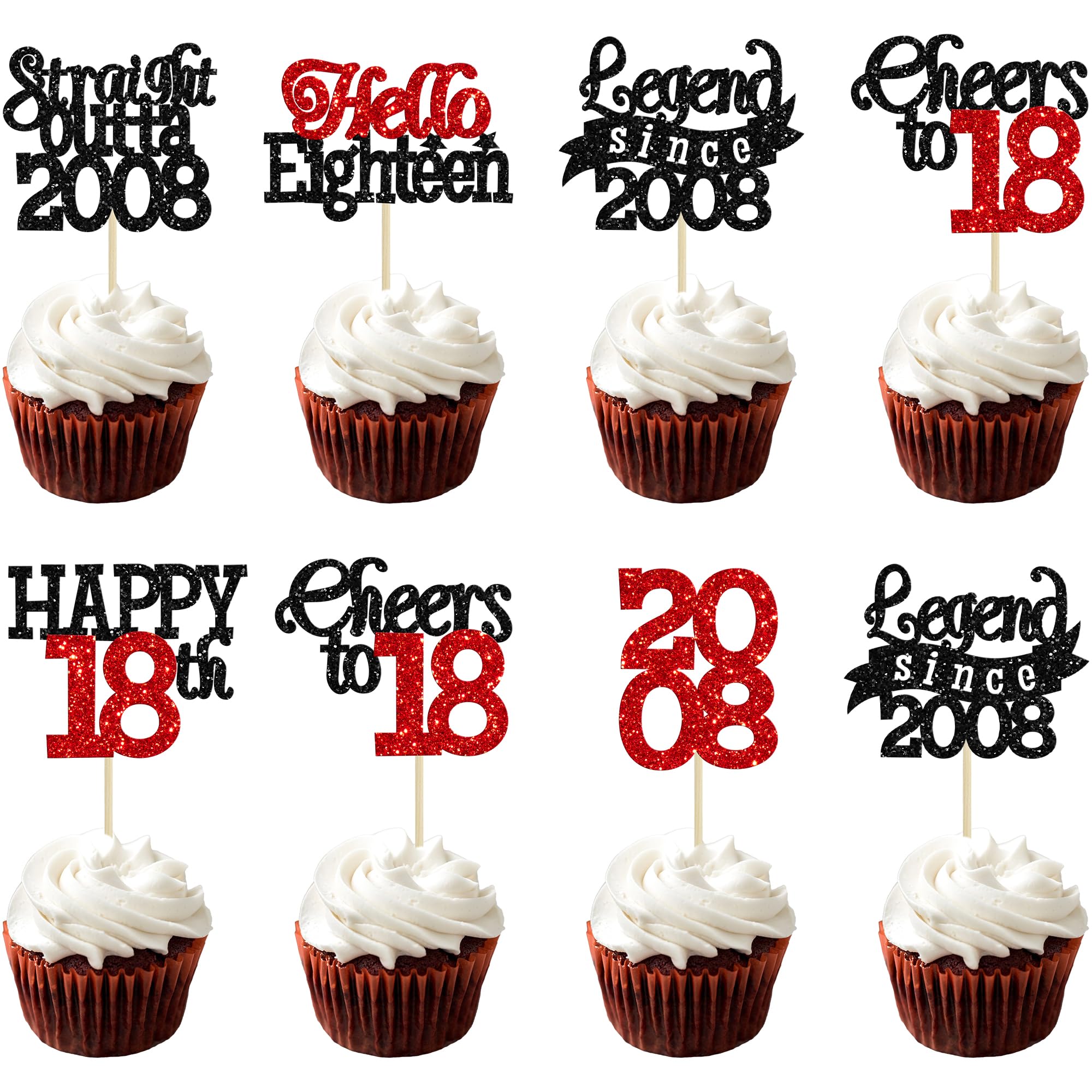 Gyufise 24Pcs Happy 18th Birthday Cupcake Toppers Hello Eighteen Legend Since 2008 Cupcake Picks Cheers to 18 Years Cake Decorations for 18th Birthday Anniversary Party Decorations Supplies Black Red