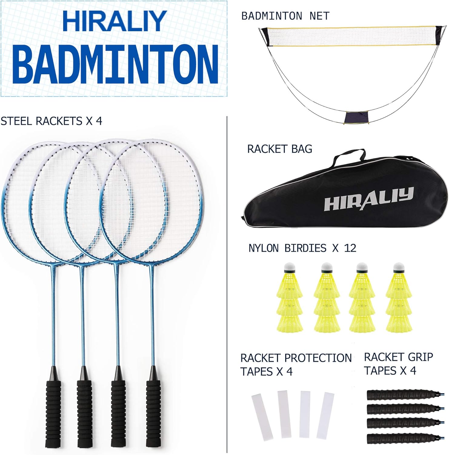HIRALIY Complete Badminton Set, Badminton Rackets Set of 4 for Outdoor Backyard Games, Includes 1 Portable Badminton Net, 4 Rackets, 12 Plastic Shuttlecocks, 4 Replacement Grip Tapes and 1 Carry Bag : Sports & Outdoors