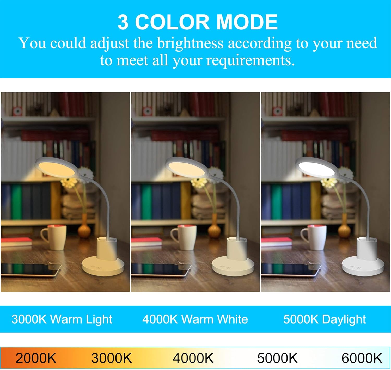 LED Desk Lamp,Golspark Touch Control Desk Lamp 3 Color Modes with Stepless Dimmable,360°Flexible Desk Lamp with USB Charging Port Pen Holder,Rechargeable White Desk Lamp for Students,Dorm Reading: Home Improvement