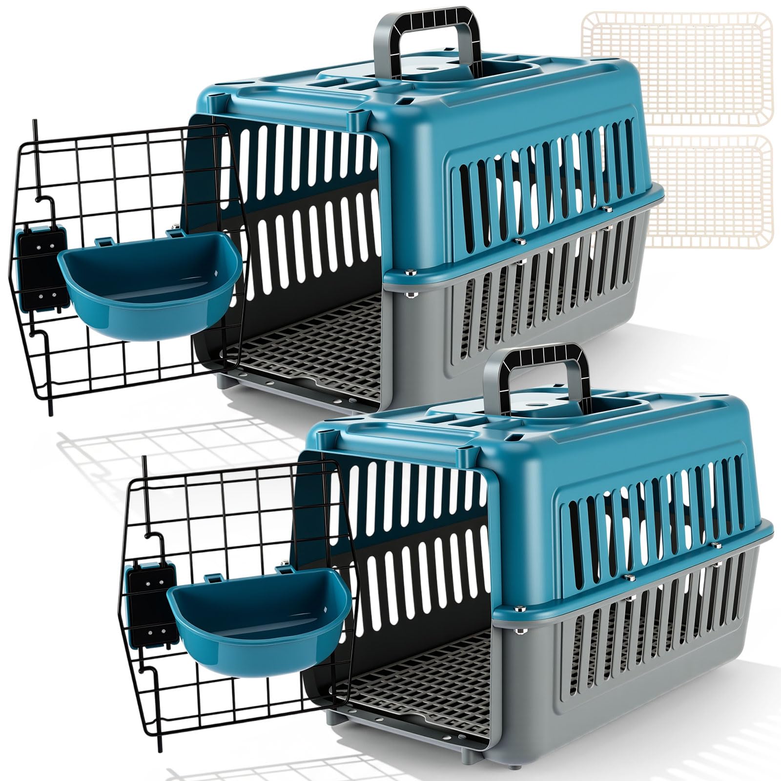 Photo 1 of 2 Set Travel Pet Carriers for Small Cat Dog Plastic Hard Shell Carrier Cat with Bowl Wire Door Grille Mat Portable Breathable Security Lock Puppy Kennel for Travel Airline, 17.5", up to 13lbs(Blue)