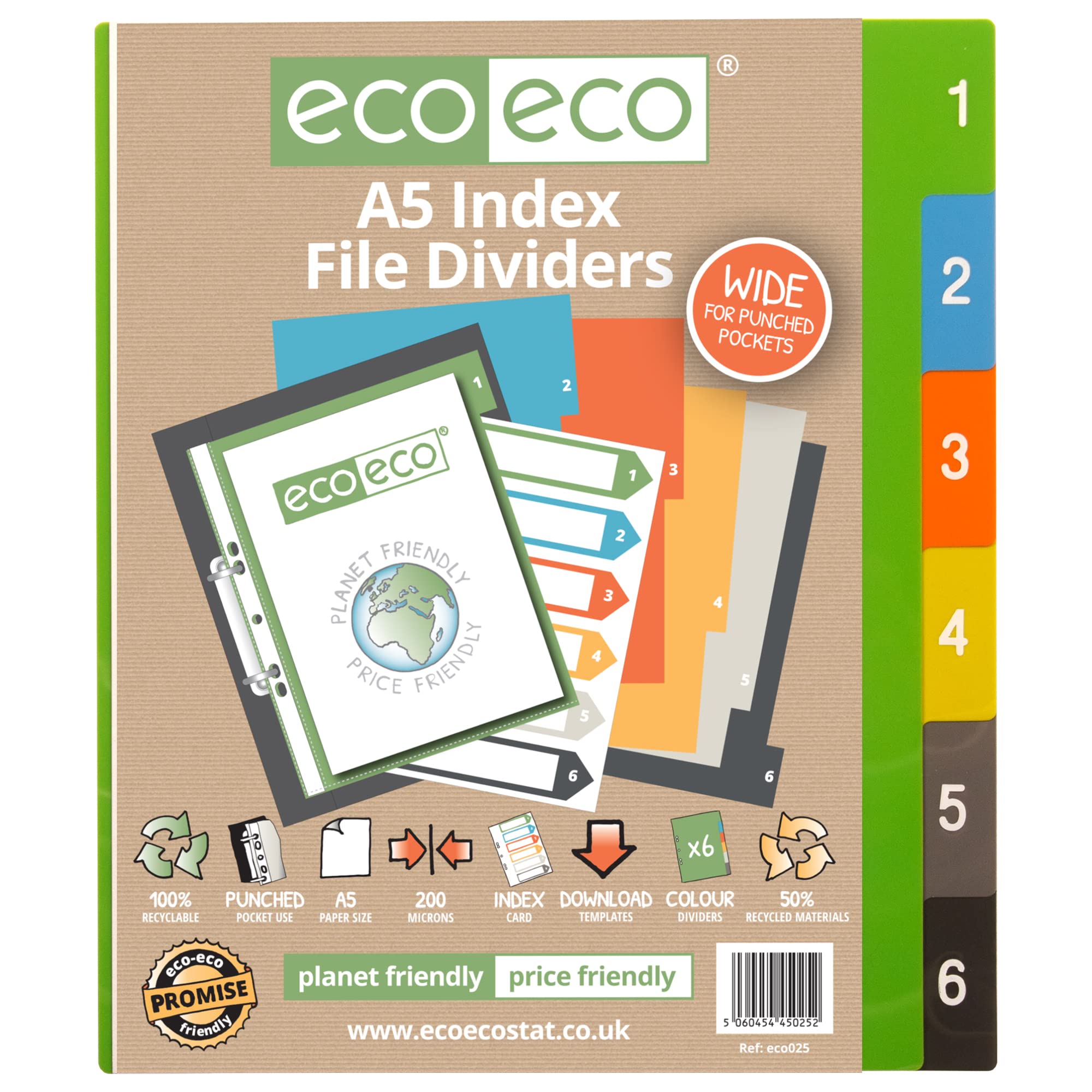 eco-eco A5 50% Recycled Set 6 Wide Index File Dividers eco025 Multicolour