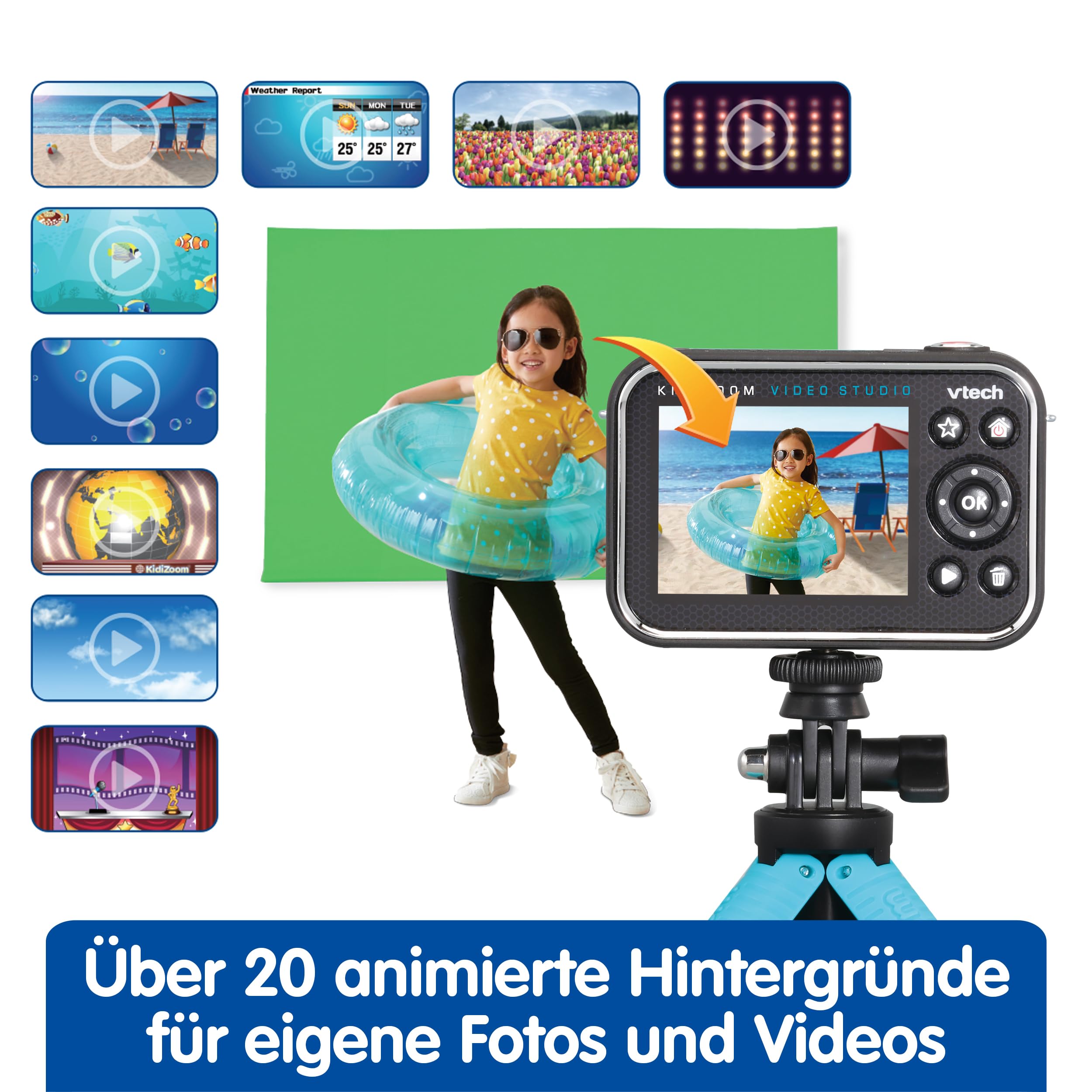 Vtech Kidizoom Video Studio HD blau – Kinderkamera mit Greenscreen, Stativ, Effekten, Selfielinse und vielem mehr – Für Kinder von 5-12 Jahren, único 2