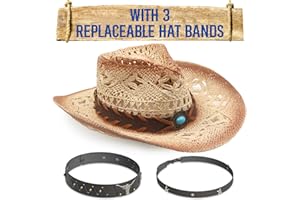 Funcredible Straw Cowboy Hat for Women - Straw Cowgirl Hat - Vintage Cowboy Hat with 3 Replaceable Hat Bands