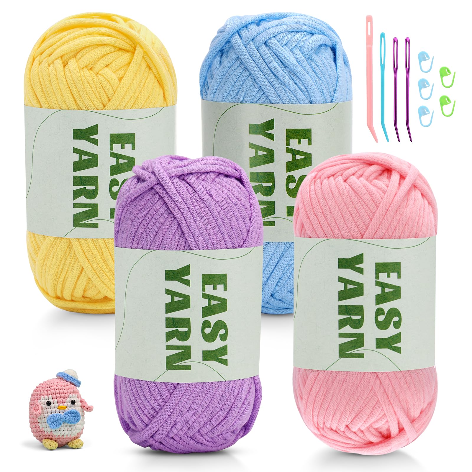 4x50g Crochet Yarn Chunky Yarn for Crochet, Easy Cotton Yarn for Crochets with Easy-to-See Stitches, Stitch Markers, Easy Crochet Starter Kit for Beginners Pink Purple Blue Yellow