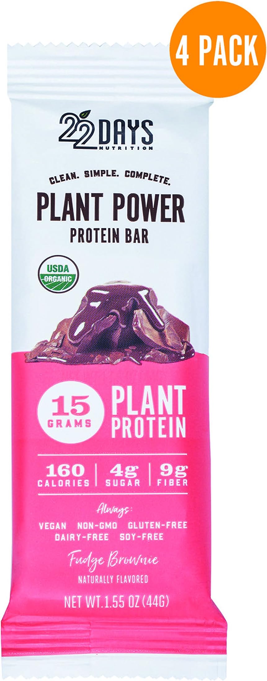 22 Days Nutrition Organic Protein Bar, Fudge Brownie, 4 Count | Plant Based Protein Bars, Gluten Free, Vegan, Soy Free, Real Food, Dairy Free, 15g Protein, Low Sugar (4g), Fiber (9g)