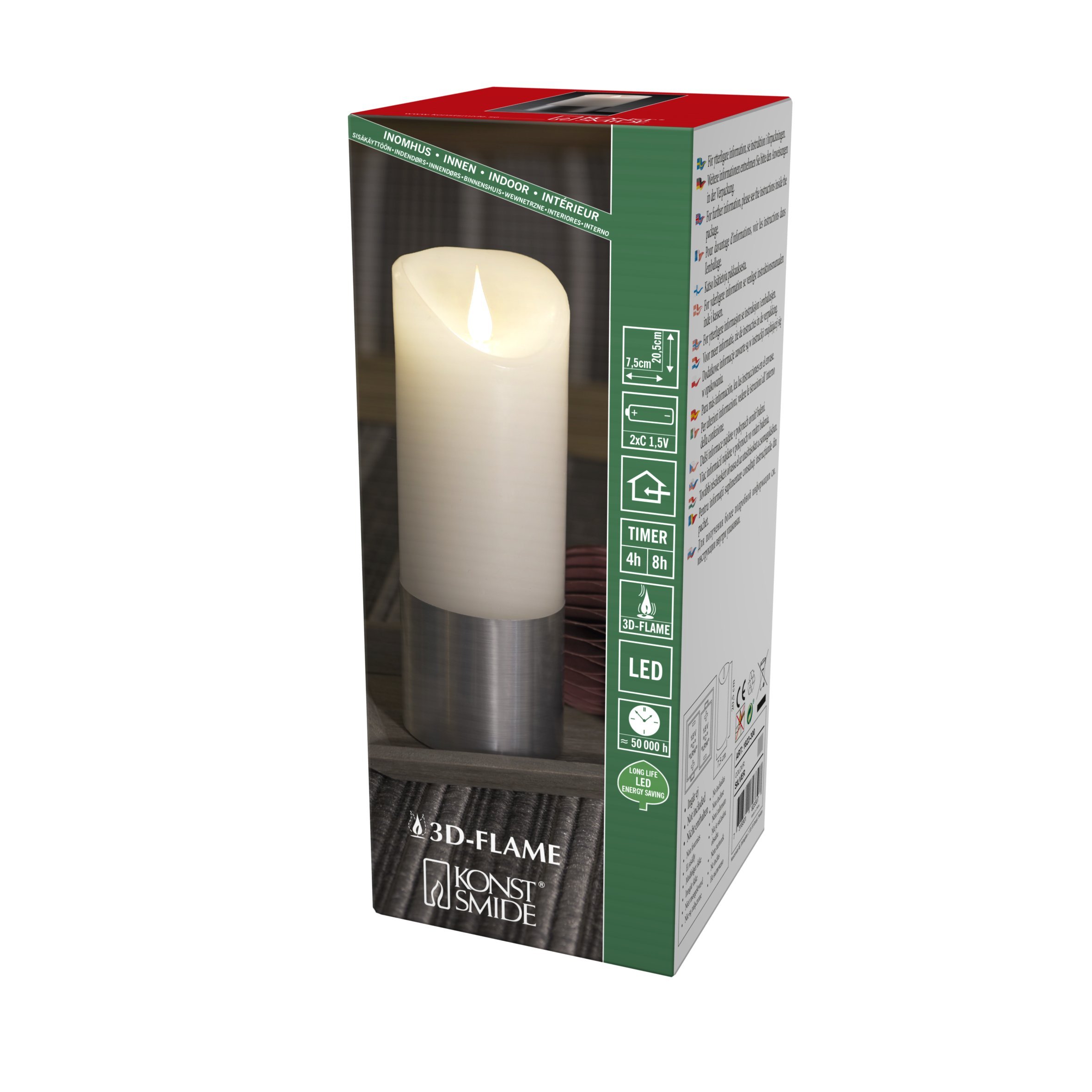 Konstsmide, 1823-300 LED Real Wax Candle, White, with Silver Banderole, 3D Flame, 4h and 8h Timer, Warm White Diode, Battery Operated, Indoor 20.5 cm